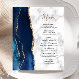 Menú de Boda de Mármol Azul Navy Dorado Ágata