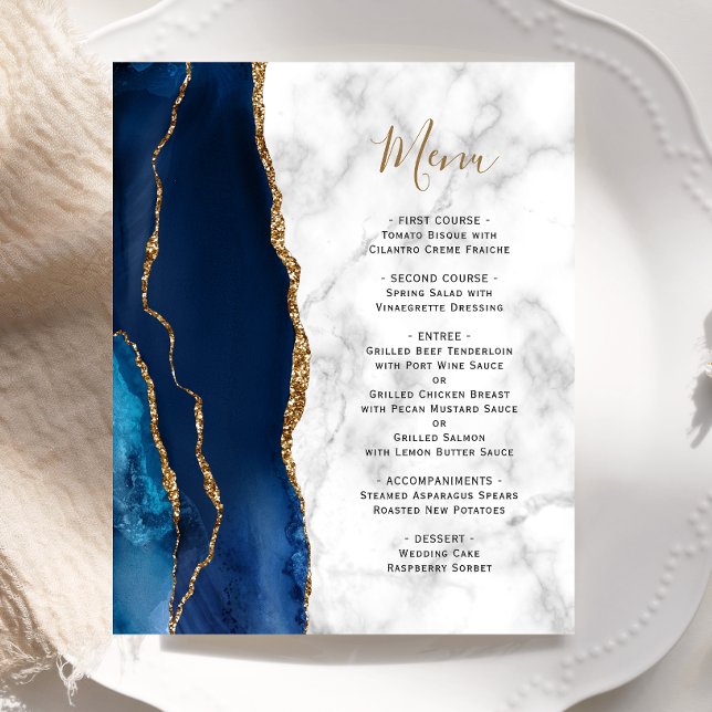 Menú de Boda de Mármol Azul Navy Dorado Ágata (Subido por el creador)