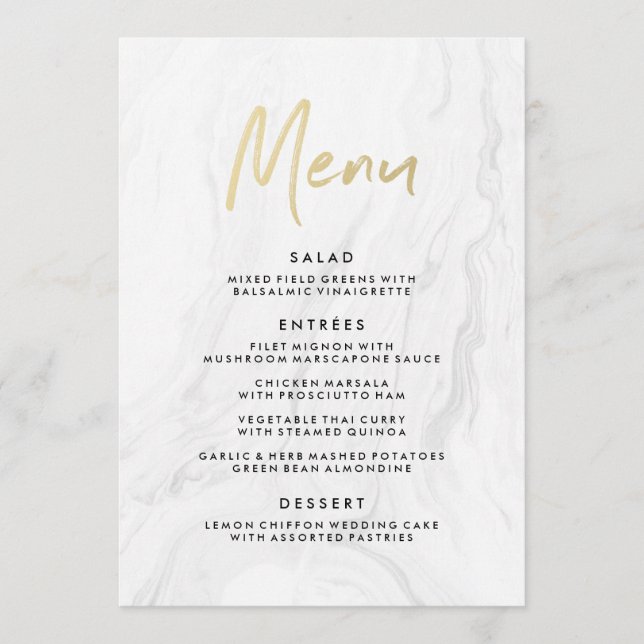 Menú de Boda de Mármol Blanco y Letra Dorada Moder (Anverso)