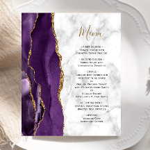 Menú de Boda de Mármol de Ágata Purpura Dorado Pre
