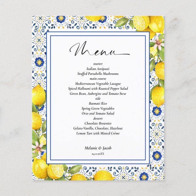 Menú de boda de mosaicos azules de limón de presup (Frente)