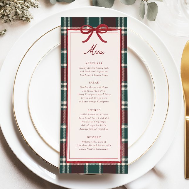 Menú de Boda de Navidad a Cuadros | Tartán de Fies (Burgundy green plaid Christmas wedding menu with red bow, elegant winter dinner design)