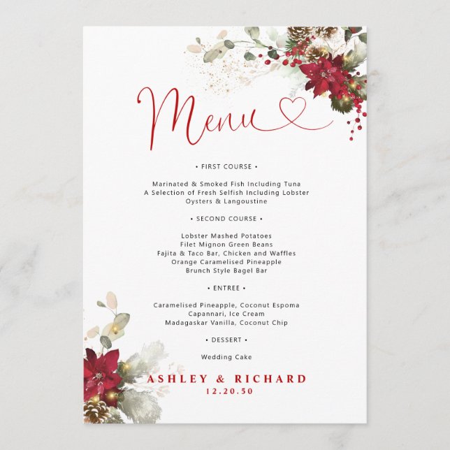 Menú de Boda de Navidad con Floral Rojo (Anverso)
