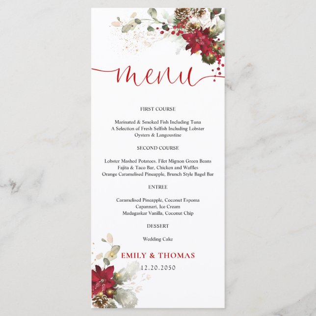 Menú de Boda de Navidad con Floral Rojo (Anverso)