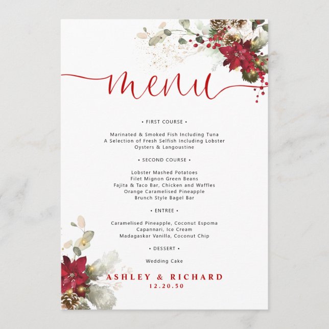 Menú de Boda de Navidad con Floral Rojo (Anverso)