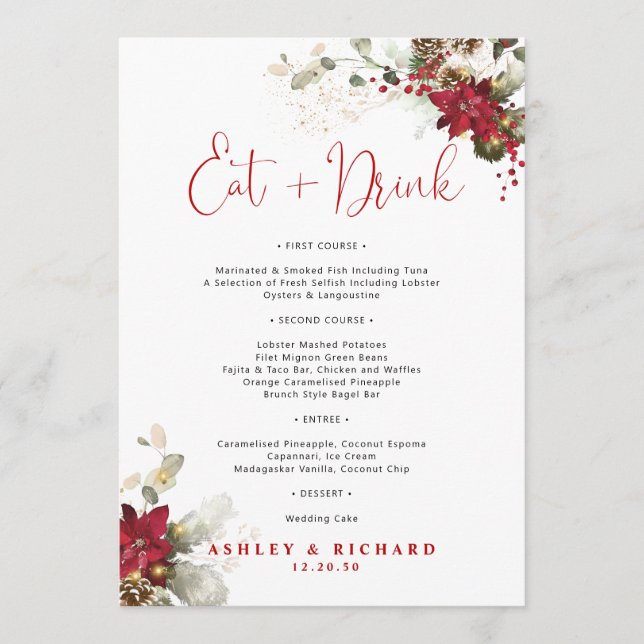 Menú de Boda de Navidad con Floral Rojo (Anverso)