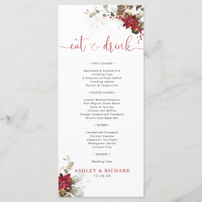 Menú de Boda de Navidad con Floral Rojo (Anverso)