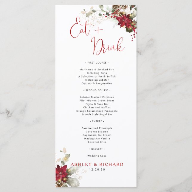 Menú de Boda de Navidad con Floral Rojo (Anverso)