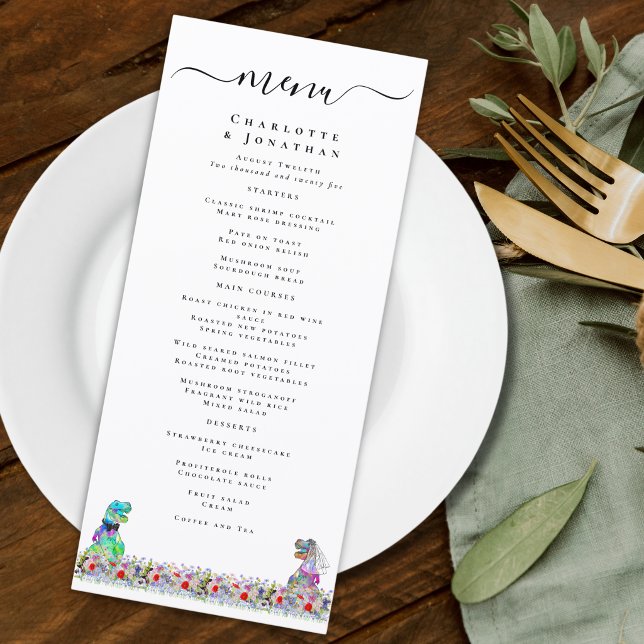 Menú de Boda de Novios Dinosaurio (Colorful Funny dinosaur bride and groom wedding menu with with wildflower florals )