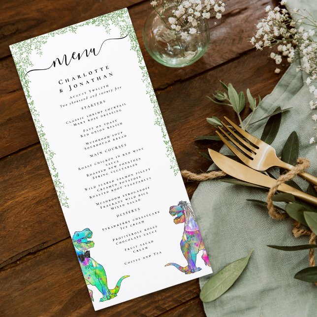 Menú de Boda de Novios Dinosaurios (Colorful dinosaur bride and groom custom wedding menu with watercolor Jurassic jungle foliage)