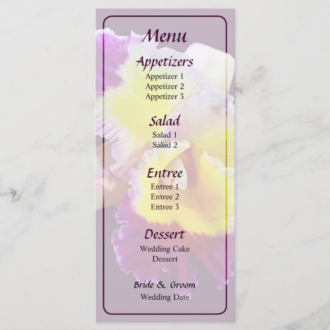 Menú de Boda de Orquídea Cattleya Amarilla y Magen (Anverso)