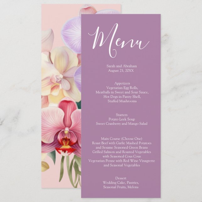 Menú de Boda de Orquídeas Arcoíris Pastel Elegante (Anverso / Reverso)