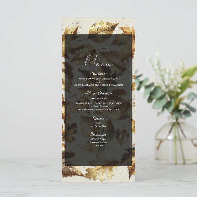 Menú de boda de otoño beige y negro con hojas dora (Anverso de pie)