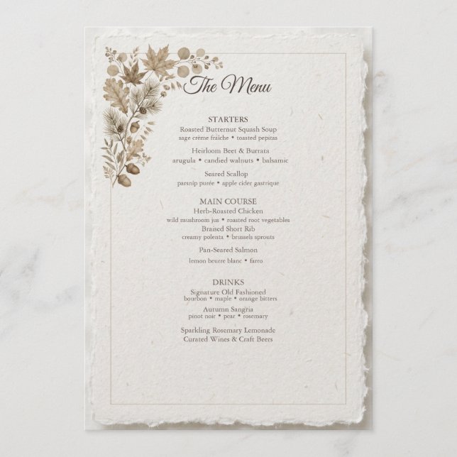 Menú de Boda de Otoño en Algodón Arce Beige (Anverso)