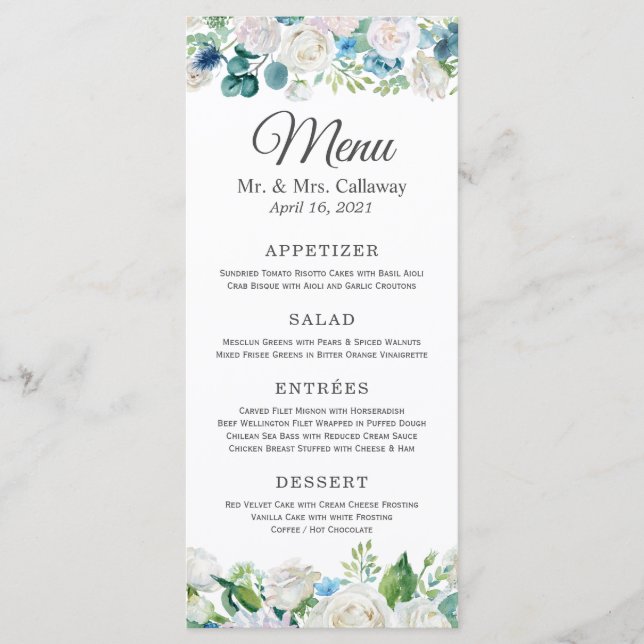 Menú de Boda de Peonía Azul Verde Salvia (Anverso)