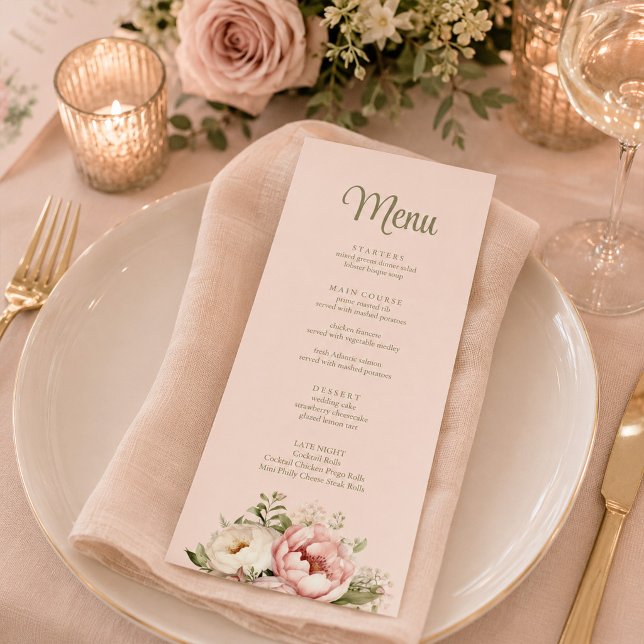 Menú de Boda de Peonía con Tono Rosa Polvoriento (Dusty Blush Peony Wedding Menu)