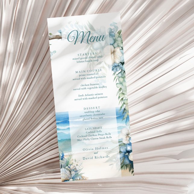 Menú de Boda de Playa con Arco Tropical Azul Acuar (Watercolor Blue Tropical Arch Beach Wedding Menu on a sunny neutral dry palm leaf.)