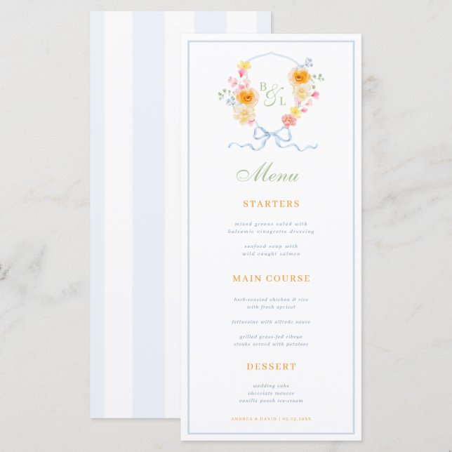 Menú de boda de primavera con rayas azules y crest (Anverso / Reverso)
