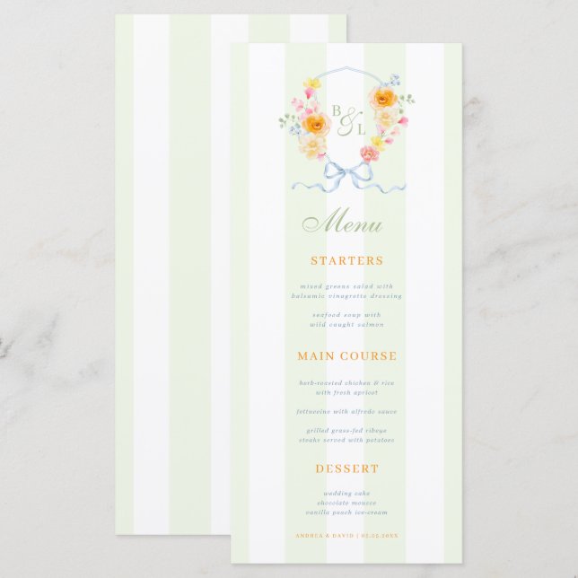 Menú de boda de primavera con rayas verdes y crest (Anverso / Reverso)