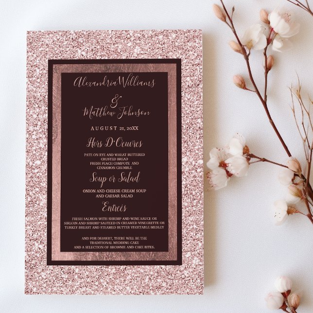 Menú de Boda de purpurina de Borgoña de rosa Girly (Girly rose gold burgundy glitter Wedding Menu)