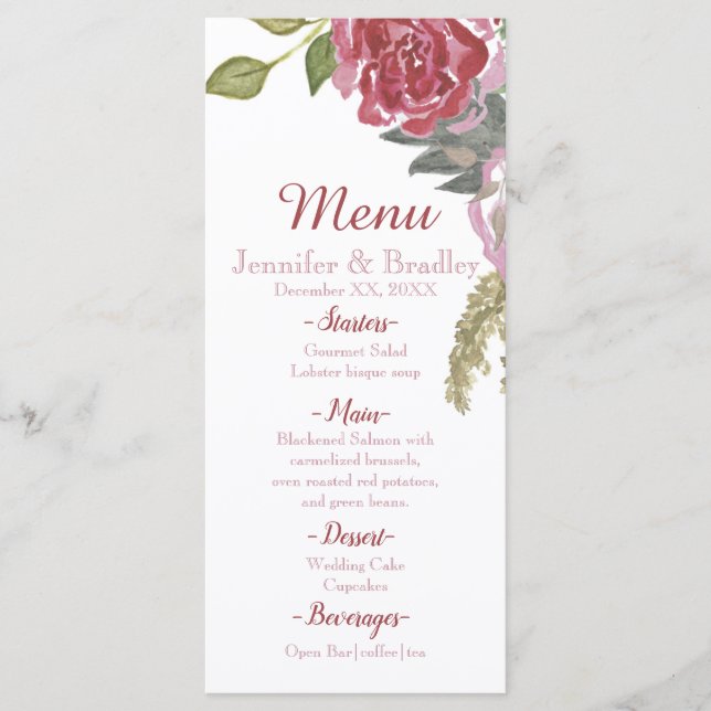 Menú de Boda de Rosas Acuarela (Anverso)