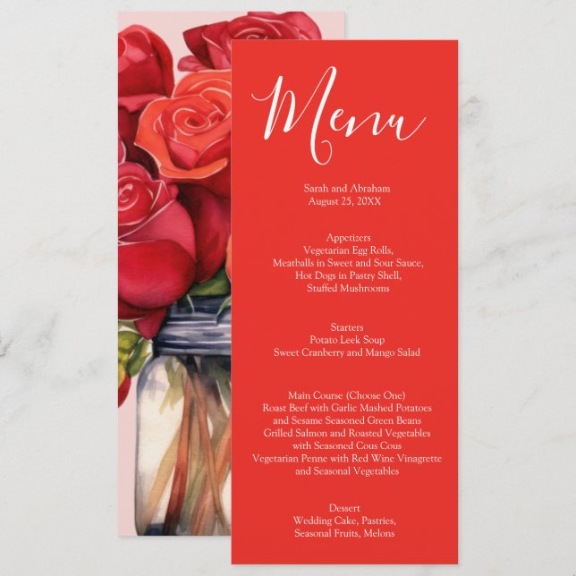 Menú de Boda de Rosas Rojas Elegantes (Anverso / Reverso)