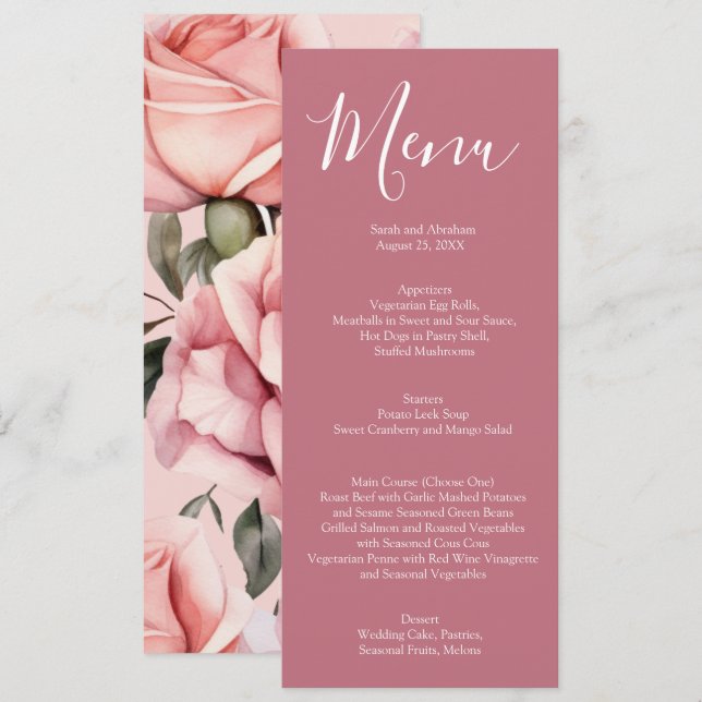 Menú de Boda de Rosas Rosa Malva y Blanco Elegante (Anverso / Reverso)