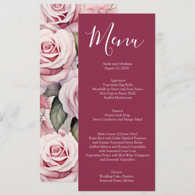 Menú de Boda de Rosas Rosa Malva y Blanco Elegante (Anverso / Reverso)