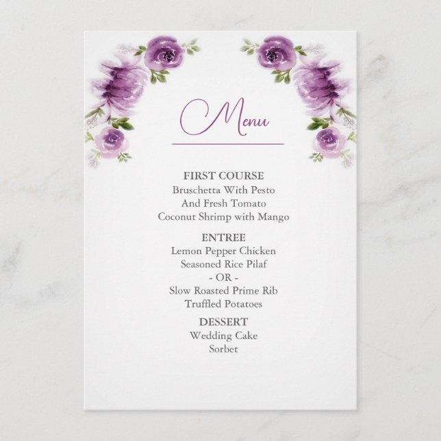 Menú de Boda de Rosas y Peonías Fuchsia Acuarela (Anverso)
