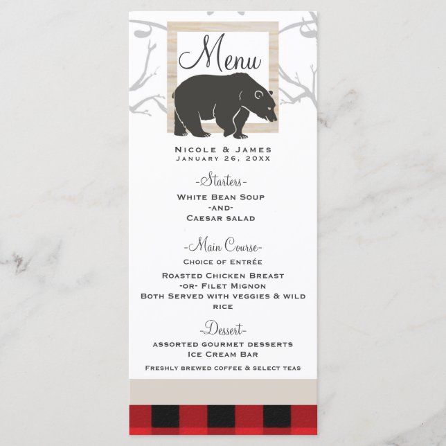 Menú de Boda de Rustic Bear & Red Plaid Woods (Anverso)