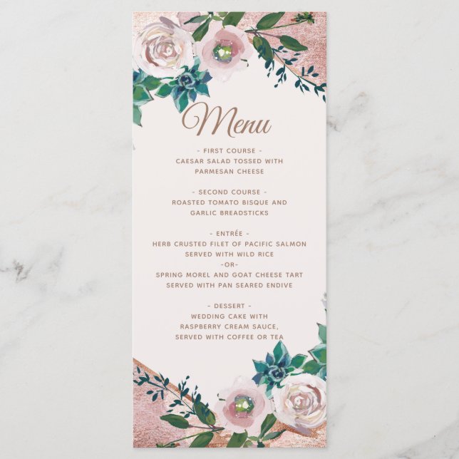 Menú de Boda de Suculentas con Rosa Dorado y Rosa  (Anverso)