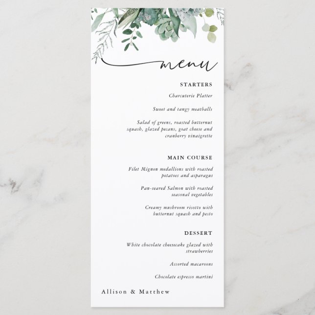 Menú de boda de suculentas y vegetación de eucalip (Anverso)