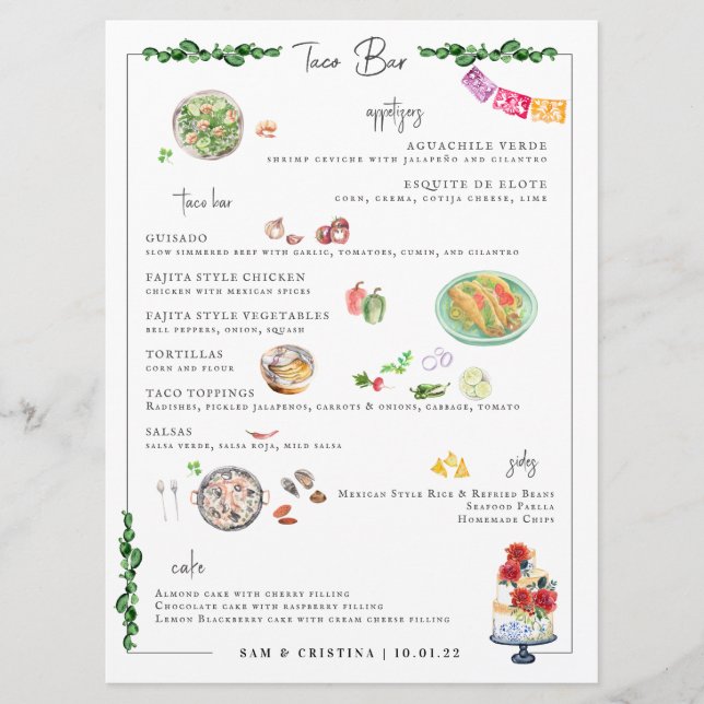 Menú de Boda de Taco Bar Personalizado Ilustrado (Anverso)