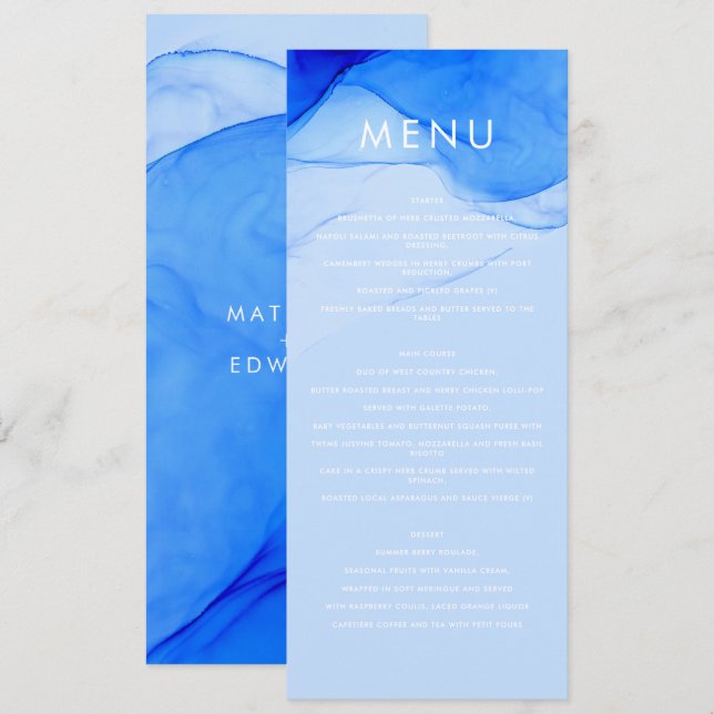 Menú de Boda de Tinta Moderna Personalizado Azul I (Anverso / Reverso)