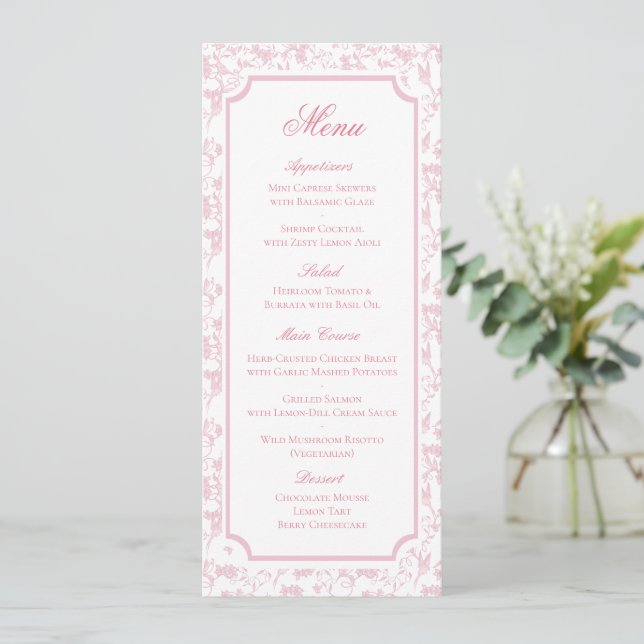 Menú de Boda de Toile Floral Rosa Clásico (Anverso de pie)