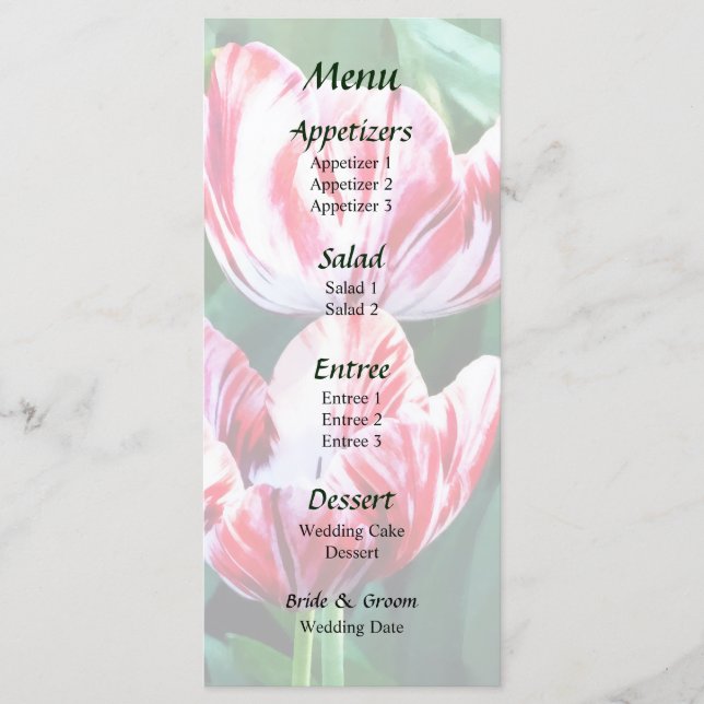 Menú de boda de tulipanes rojos y blancos elegante (Anverso)
