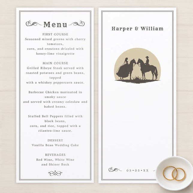 Menú de boda de vaquero a caballo del oeste salvaj (Western cowboy horseback wedding menu.)