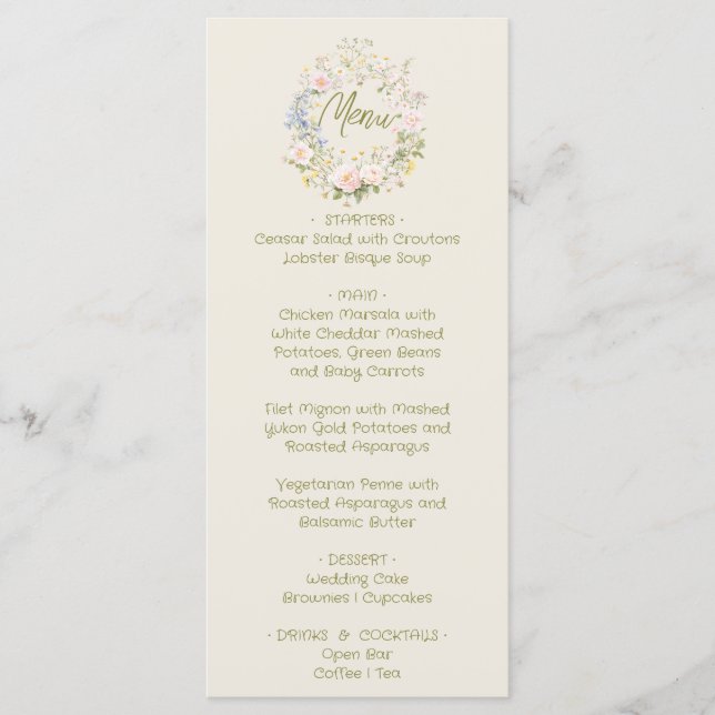 Menú de boda de verano con flores dibujadas a mano (Anverso)