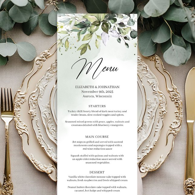Menú de boda de verde boho y eucalipto dorado (Boho greenery and gold eucalyptus wedding menu)