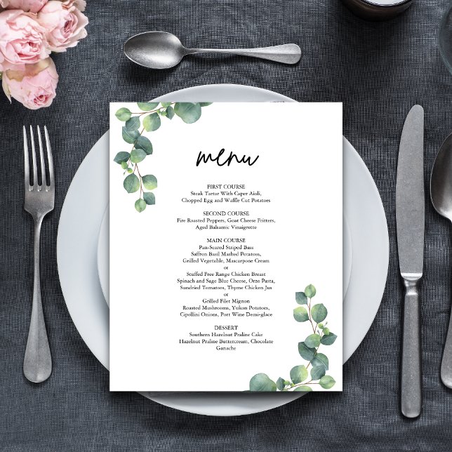 Menú de Boda de Verde Eucalipto Botánico Rústico (Rustic eucalyptus greenery menu adds natural elegance and guides guests through your wedding meal.)