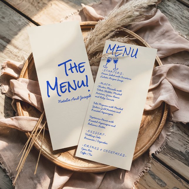 Menú de Boda de Vino Manuscrito Azul Retro (Subido por el creador)