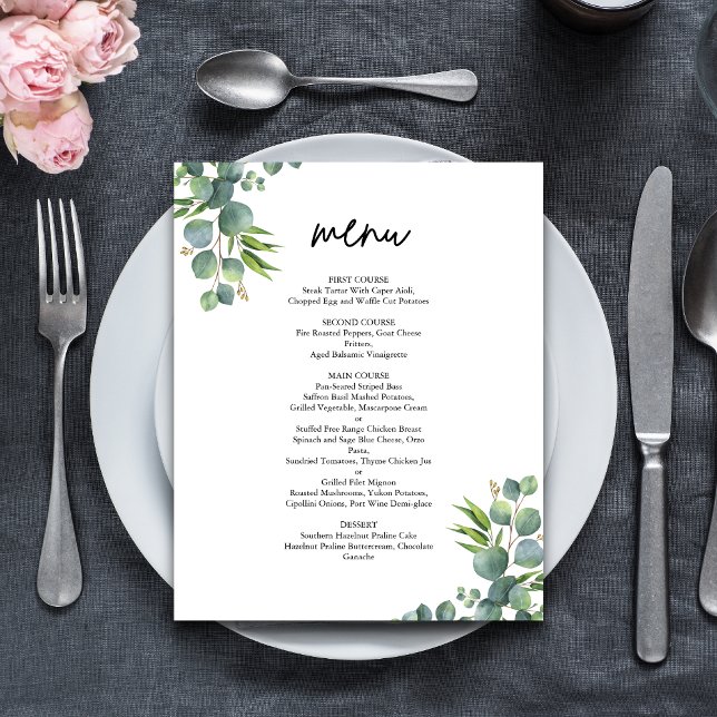 Menú de Boda del Bosque de Eucalipto Salvia (Sage eucalyptus woodland menu adds natural charm and guides guests through your wedding meal.)