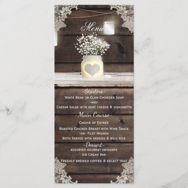 Menú de Boda del Granero de Madera Rústica, Encaje (Anverso)