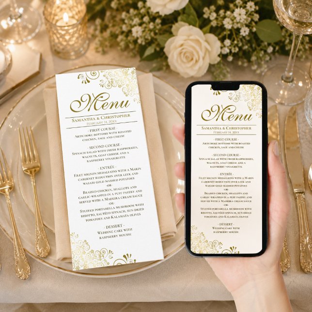 Menú de Boda Descargable Dorado y Blanco Elegante (Available as Printed Cards or as a Digital Download)