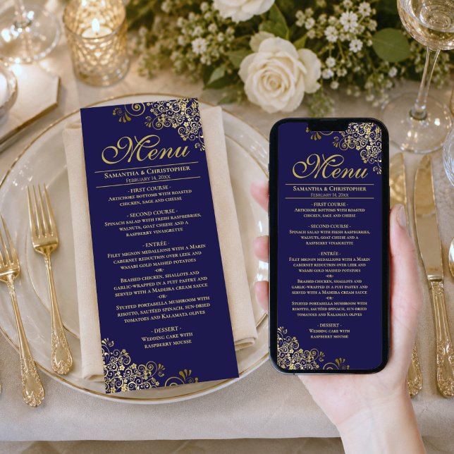 Menú de Boda Descargable Elegante Azul Marino y Do (Available as printed cards or as a digital download.)
