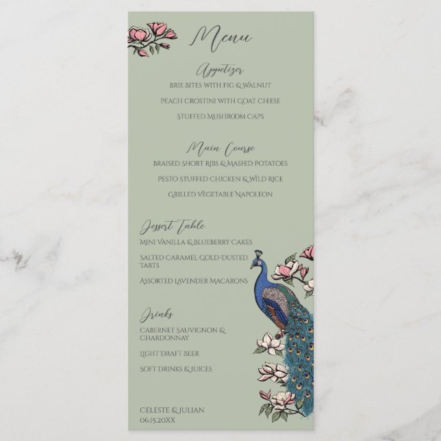 Menú de Boda Dibujado a Mano Pavo Real Verde Salvi (Anverso)