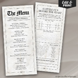 Menú de boda divertido con periódico de juegos de