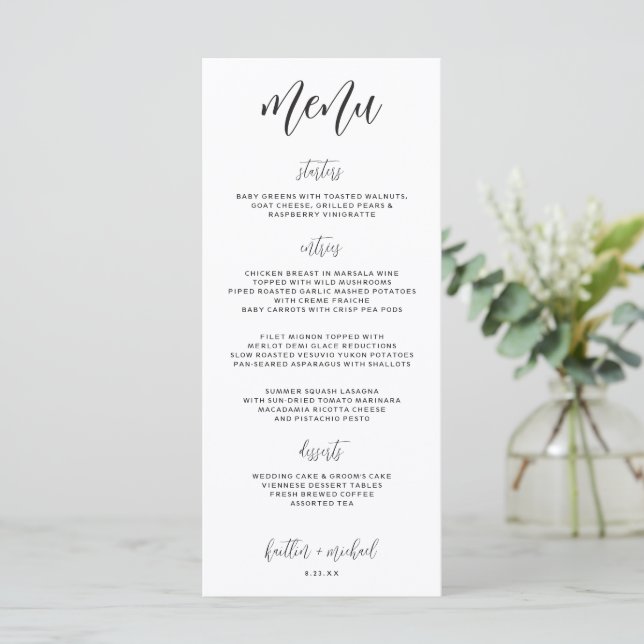 Menú de boda divertido y moderno elegante | 4 x 9  (Anverso de pie)