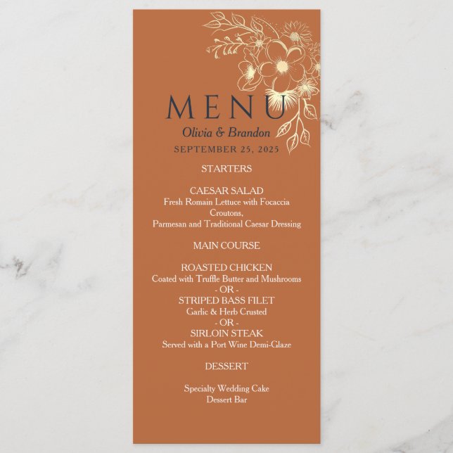Menú de boda dorado floral dorado (Anverso)