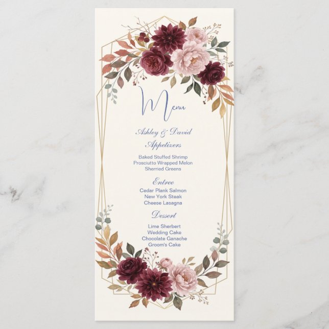 Menú de Boda Dorado Floral Moderno (Anverso)